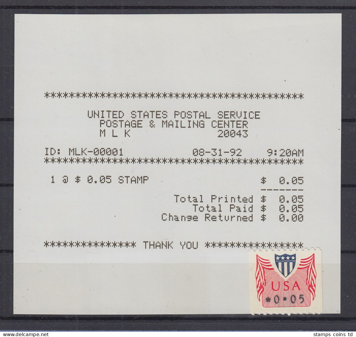 USA 1992 PMC Gard-ATM 0,05 $ Dazu AQ 31.8.92 M L K  20043 - Sonstige & Ohne Zuordnung