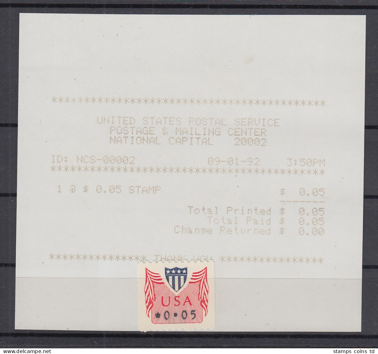 USA 1992 PMC Gard-ATM 0,05 $ Mit AQ 1.9.92 NATIONAL CAPITAL 20002  - Andere & Zonder Classificatie