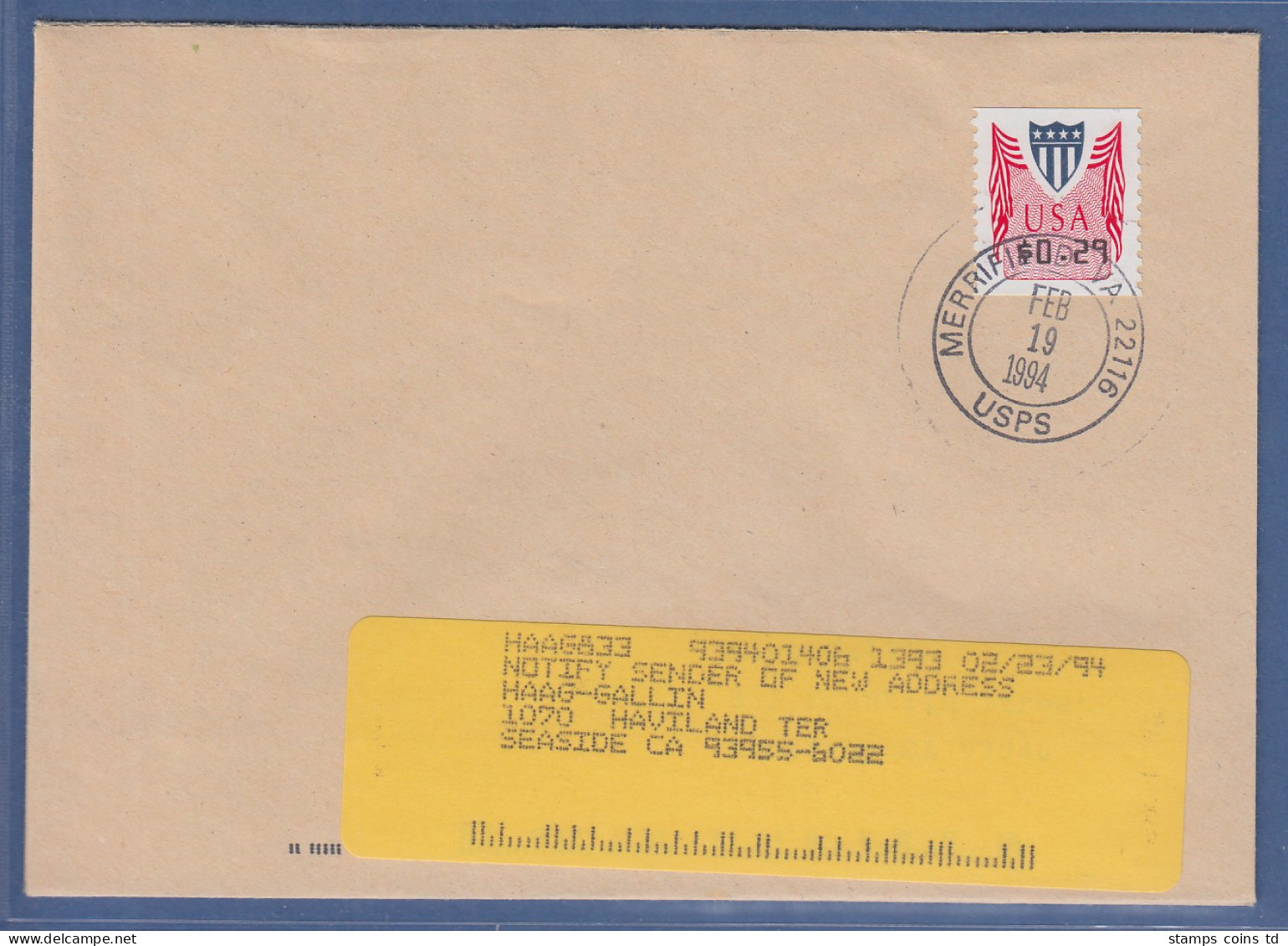 USA PMC Unisys ATM, Wert 0,29 $ Auf Inlands-FDC  MERRIFIELD VA 19. FEB. 1994 - Altri & Non Classificati