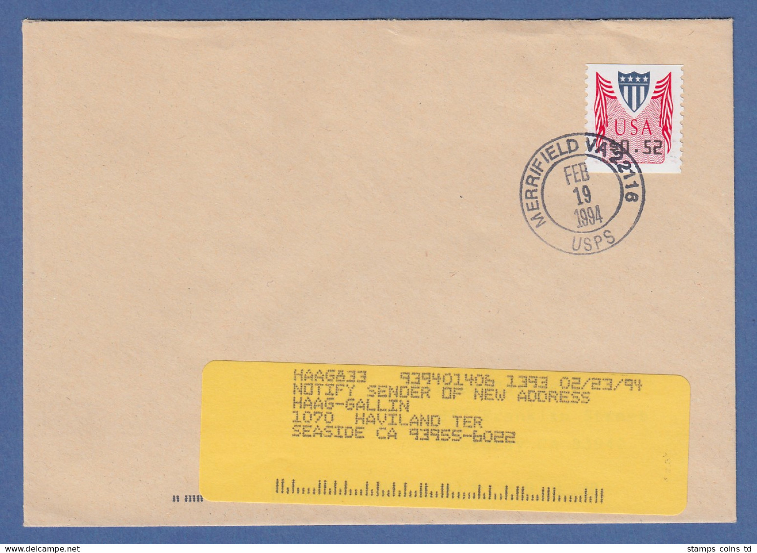 USA PMC Unisys ATM Wert 0,52 $ Auf FDC MERRIFIELD VA 19. FEB.1994 - Sonstige & Ohne Zuordnung