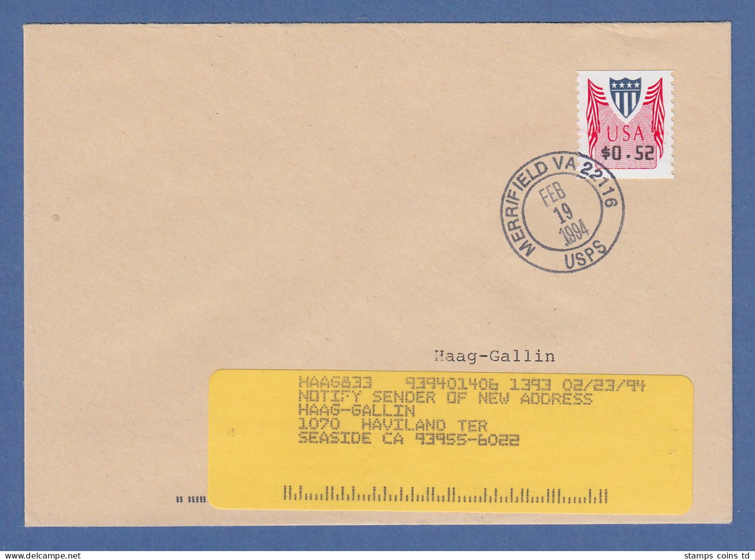 USA PMC Unisys ATM,  Wert 0,52 $ Auf Inlands-FDC MERRIFIELD VA 19. FEB.1994 - Altri & Non Classificati