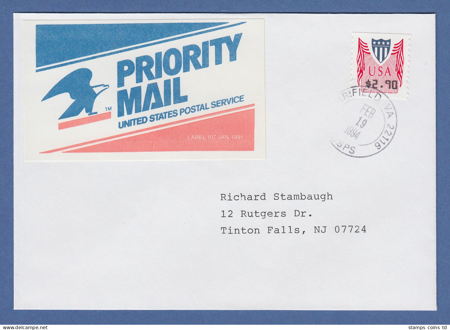 USA Unisys ATM Hoher Wert 2,90 Auf PRIORITY-FDC MERRIFIELD, VA 19. FEB.1994 - Other & Unclassified