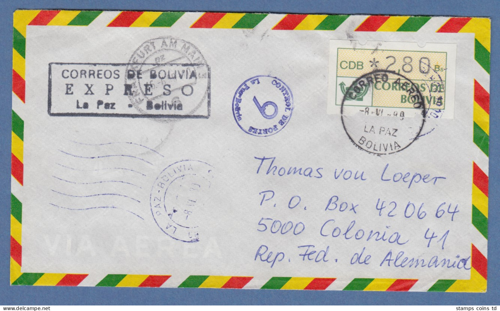 Bolivien / Bolivia ATM Wert 280 Auf Lp-E-Brief Nach D Mit Tages-O La Paz 8.6.89 - Bolivia