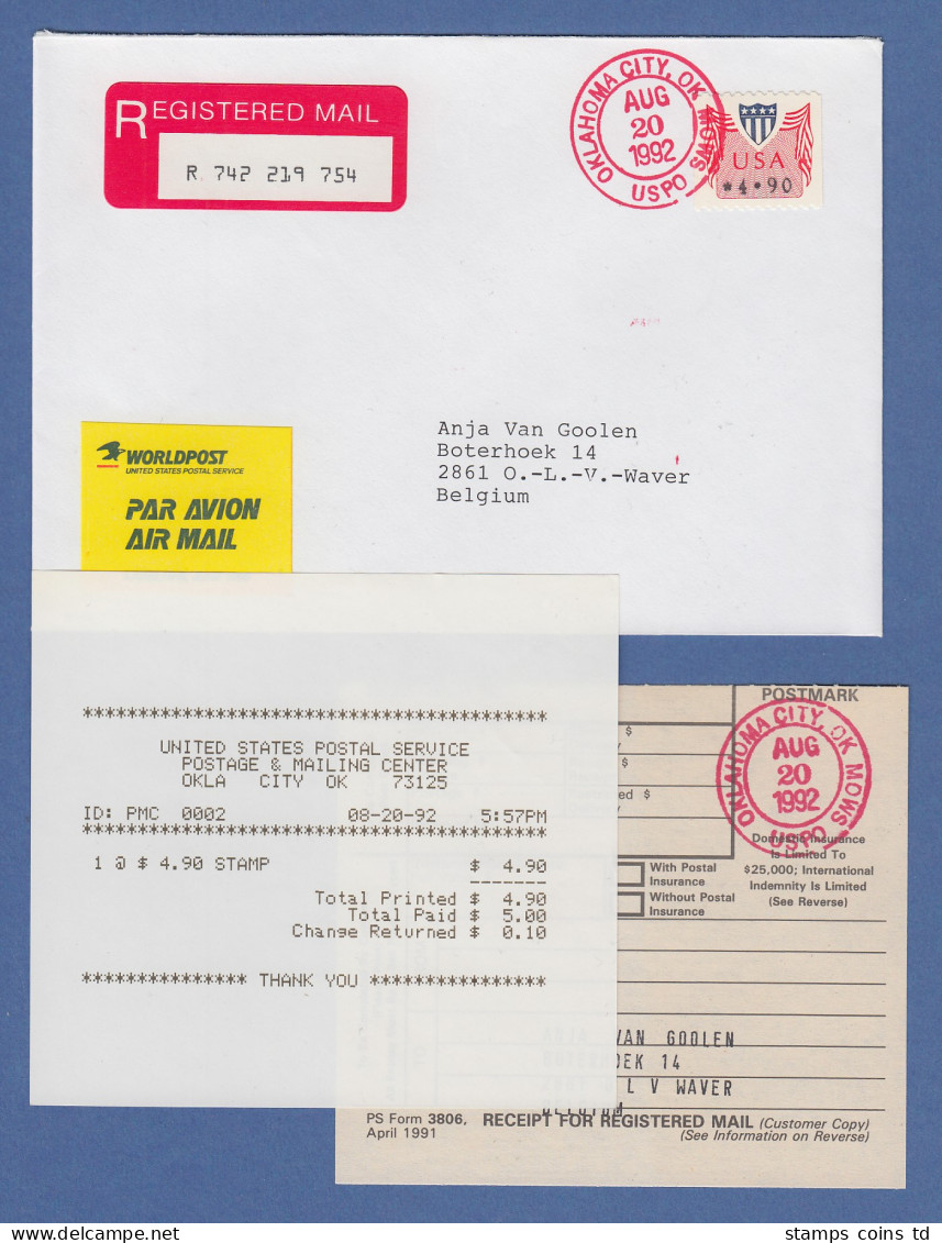 USA 1992 PMC Gard-ATM 4,90$ Auf R-FDC Oklahoma 20.8.92 -> Belgien M. ET-Quittung - Autres & Non Classés