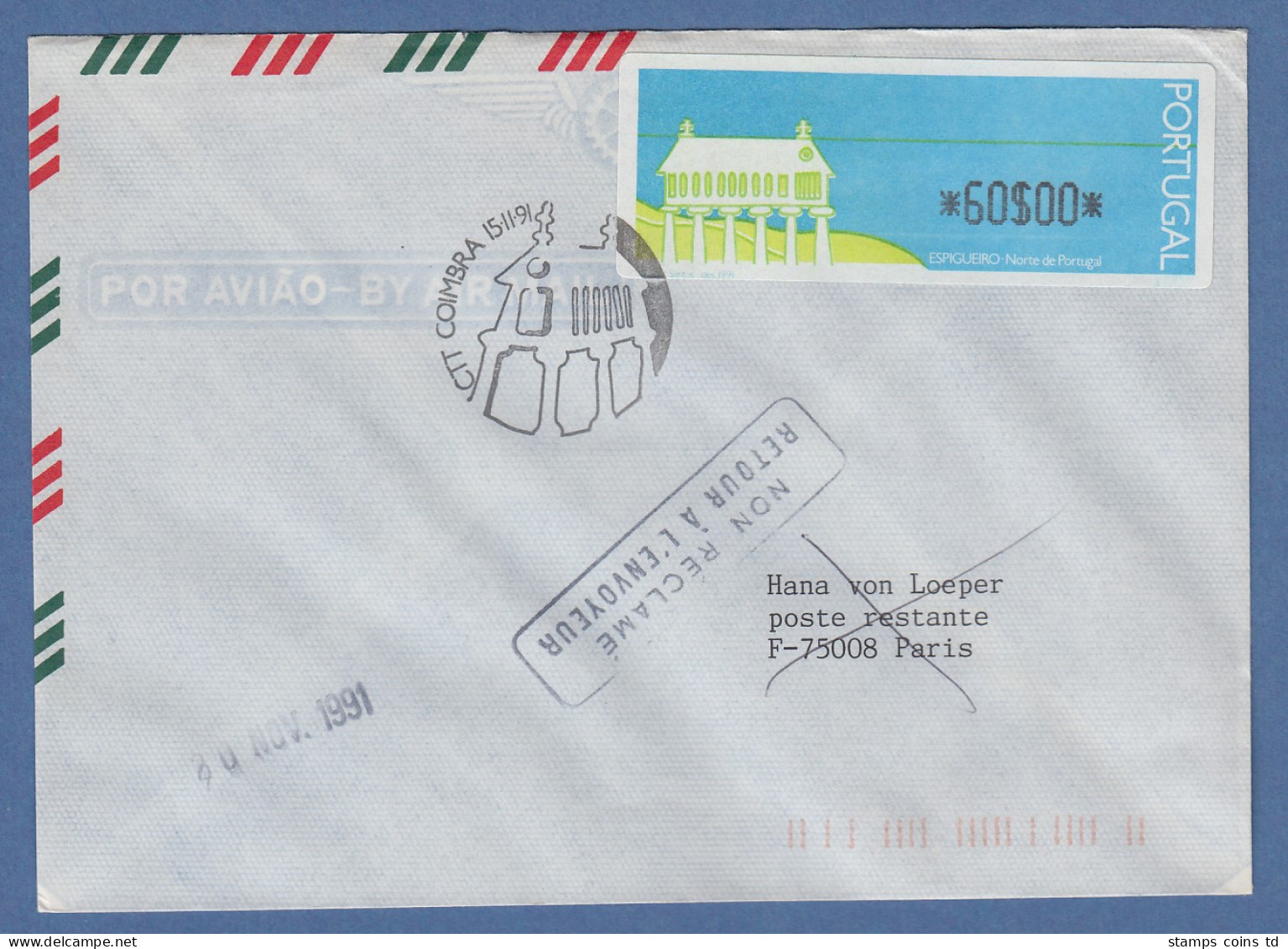 Portugal 1991 ATM Espigueiro Mi.-Nr. 3 Wert 60$00 Auf FDC , ET-O Coimbra - Machine Labels [ATM]