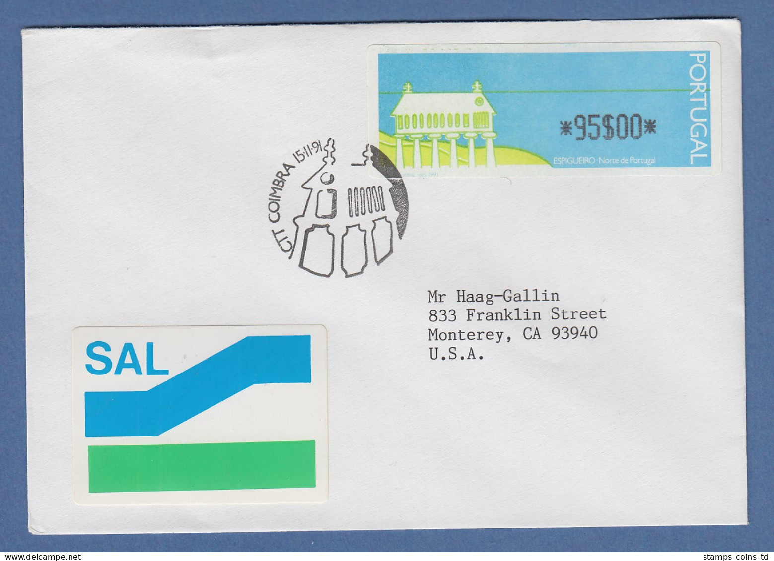 Portugal 1991 ATM Espigueiro Mi.-Nr. 3 Wert 95$00 Auf SAL -> USA ET-O Coimbra - Timbres De Distributeurs [ATM]