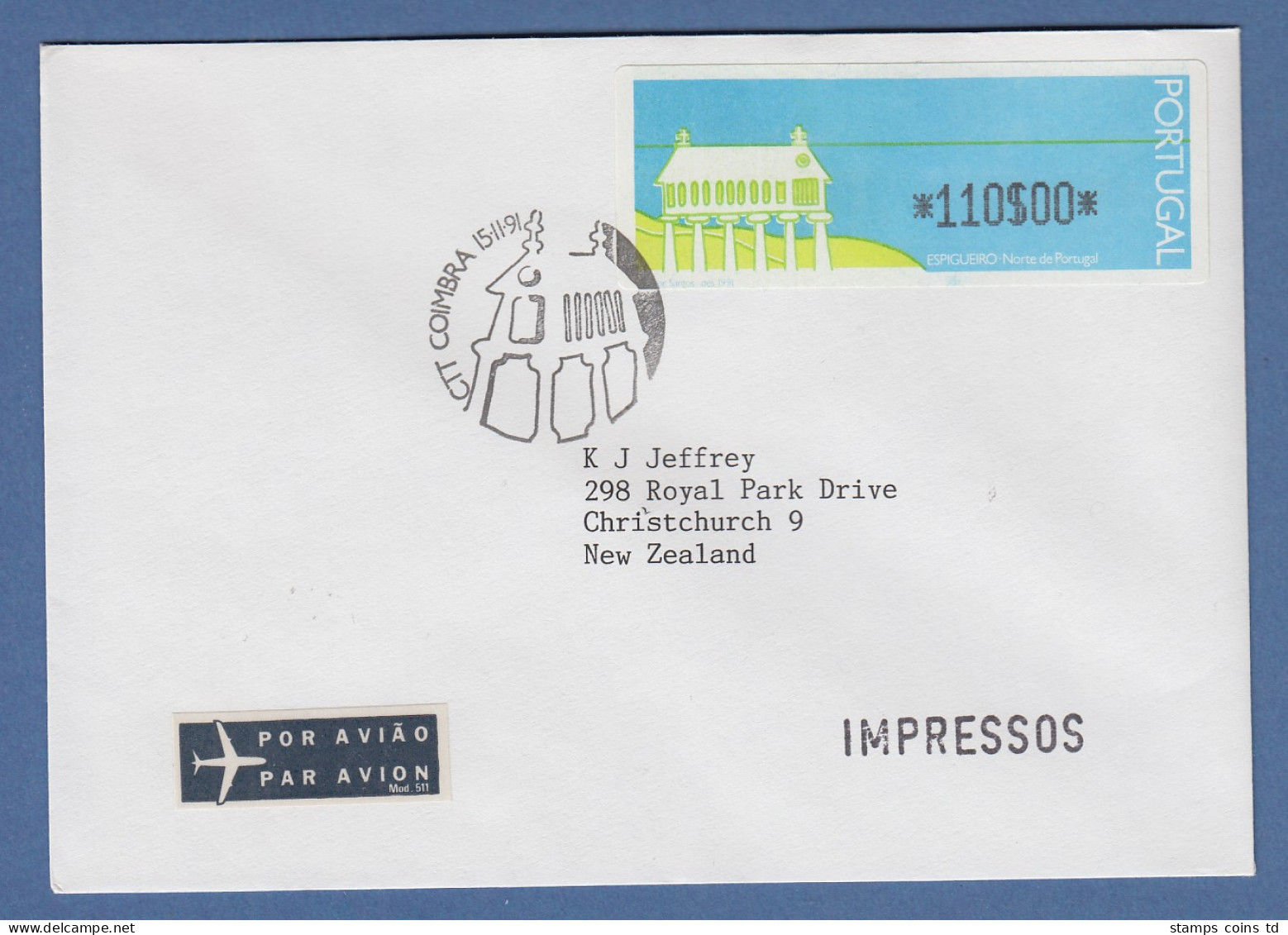 Portugal 1991 ATM Espigueiro Mi.-Nr. 3 Wert 110$00 Auf FDC -> NZL  ET-O Coimbra - Machine Labels [ATM]