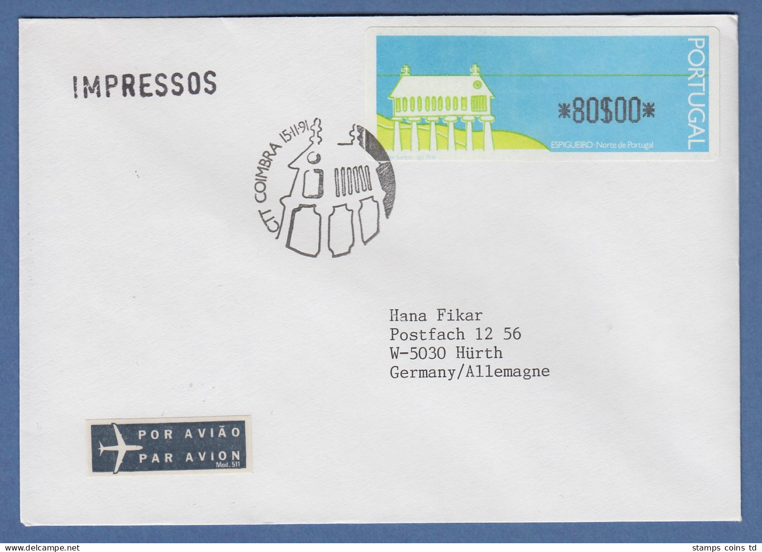Portugal 1991 ATM Espigueiro Mi.-Nr. 3 Wert 80$00 Auf LP-Drucksache ET-O Coimbra - Timbres De Distributeurs [ATM]