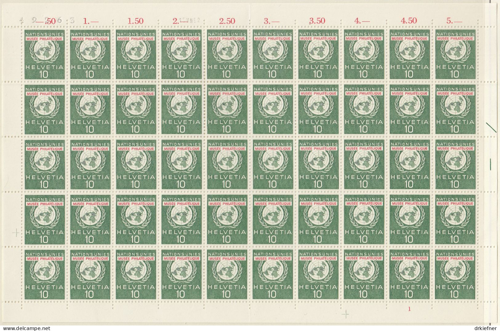 SCHWEIZ  Dienst, Int. Organisationen, ONO/UNO 34, Bogen 10x5, Postfrisch **, UNO Emblem, 1962 - Dienstzegels