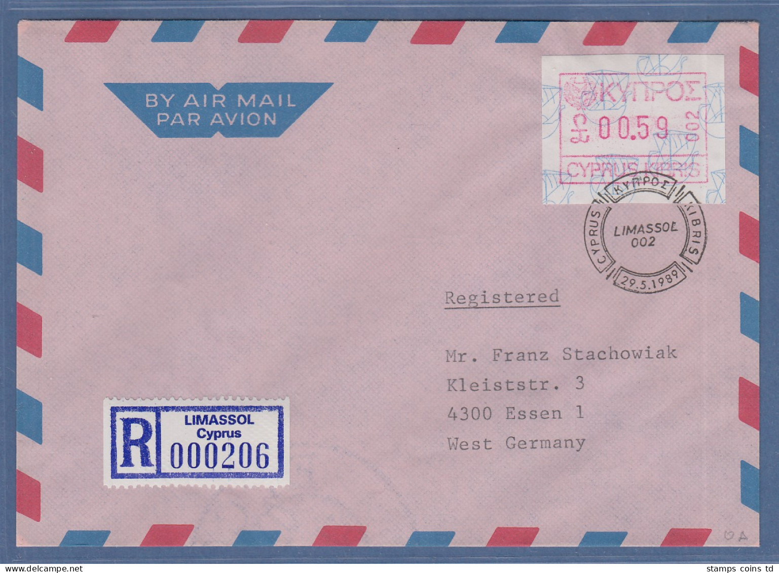 Zypern Frama-ATM 1989 Aut.-Nr.002 Aus OA Wert 0.59 Auf R-Brief N. Deutschland - Autres & Non Classés