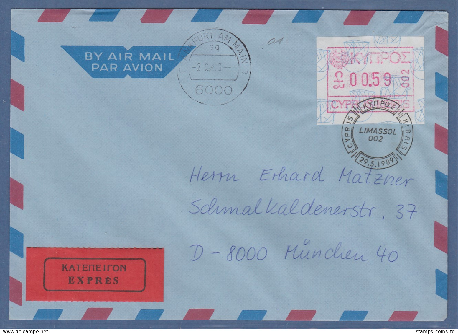 Zypern Frama-ATM 1989 Nr.002 Aus OA Wert 0.59 Auf Expres.-Brief Nach München - Sonstige & Ohne Zuordnung