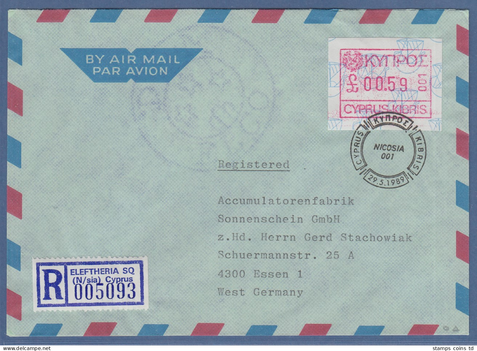 Zypern Frama-ATM 1989 Nr.001 Aus OA Wert 0.59 Auf R-Brief Nach Deutschland - Sonstige & Ohne Zuordnung