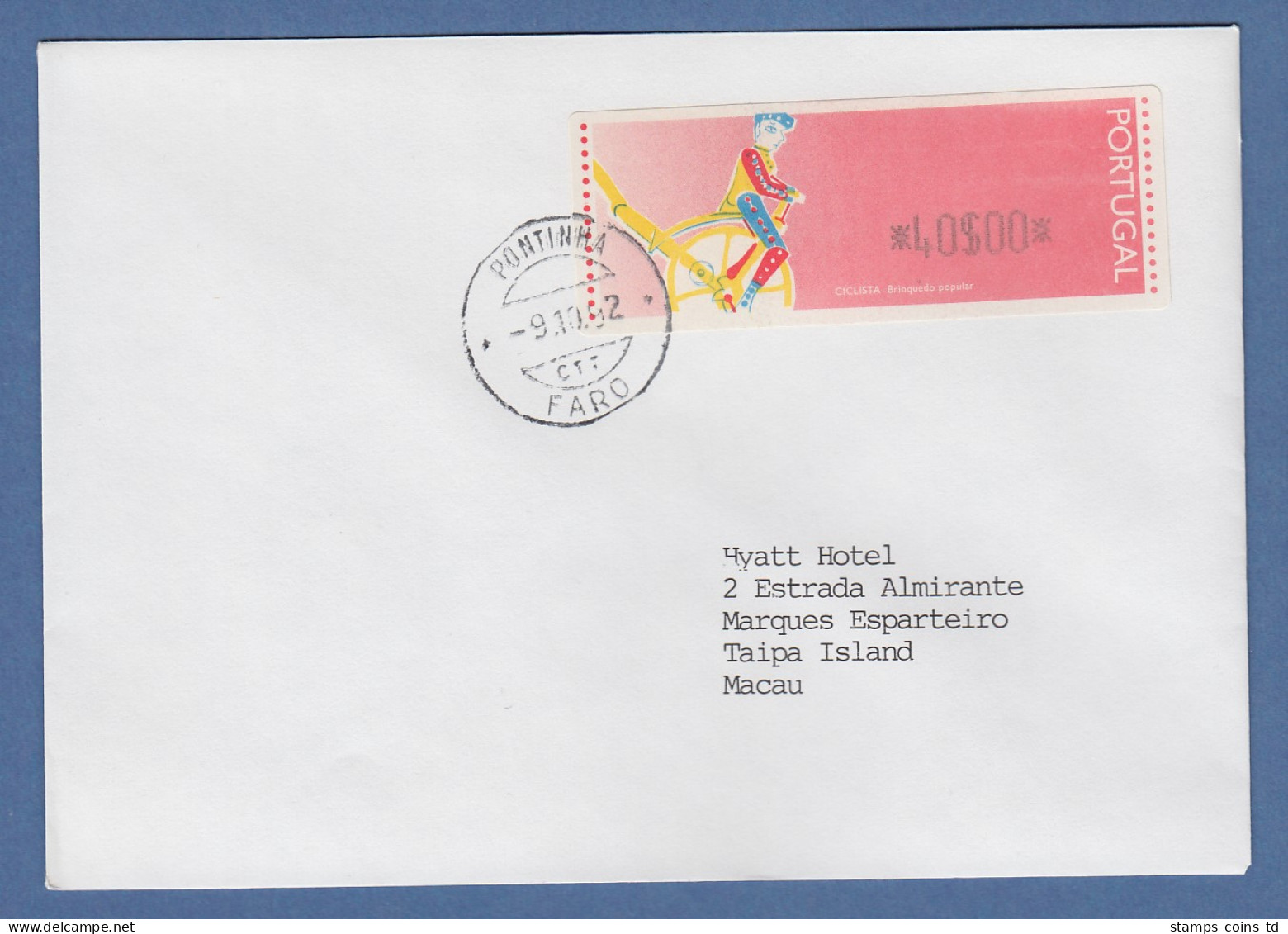 Portugal 1992 ATM Ciclista Mi.-Nr. 6 Wert 40$00 Auf FDC Nach Macau , O FARO - Automatenmarken [ATM]