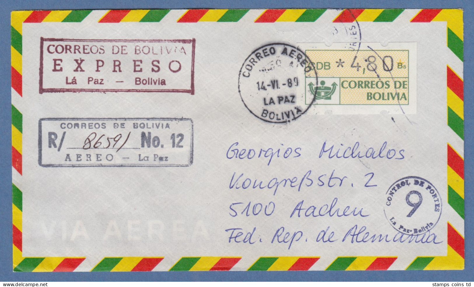 Bolivien / Bolivia ATM Wert 480 Auf Lp-R-E-Brief N. D Mit Tages-O La Paz 14.6.89 - Bolivia