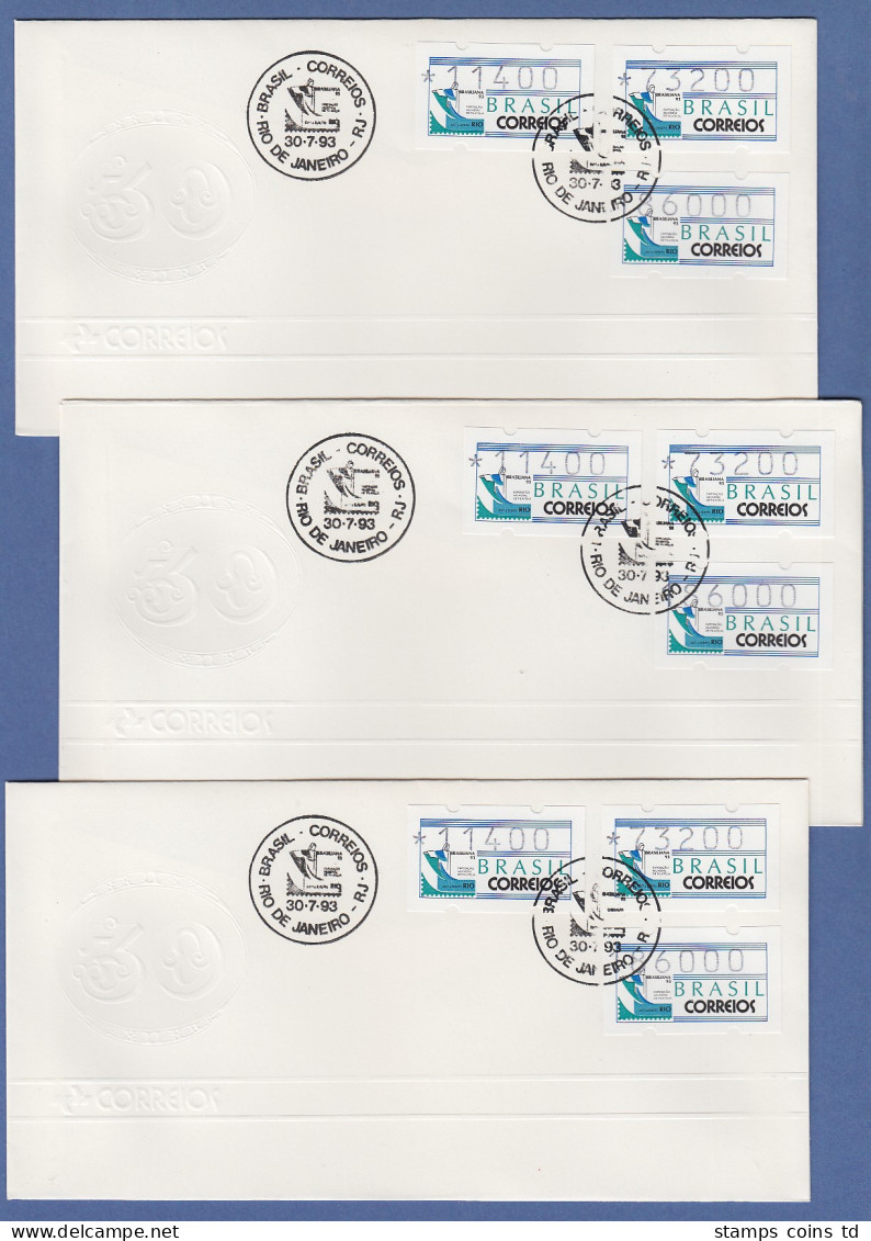 Brasilien ATM BRASILIANA'93 Mi.-Nr. 5 Werte 11400-73200-186000 Mit PF XXI 3 FDC - Franking Labels