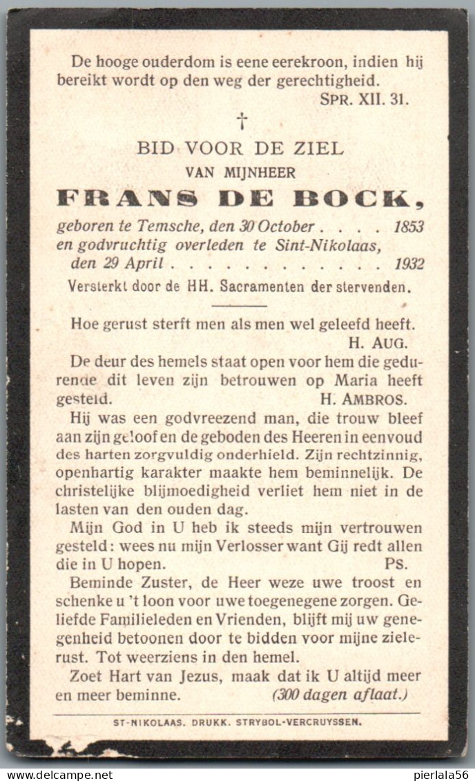 Bidprentje Temse - De Bock Frans (1853-1932) - Images Religieuses