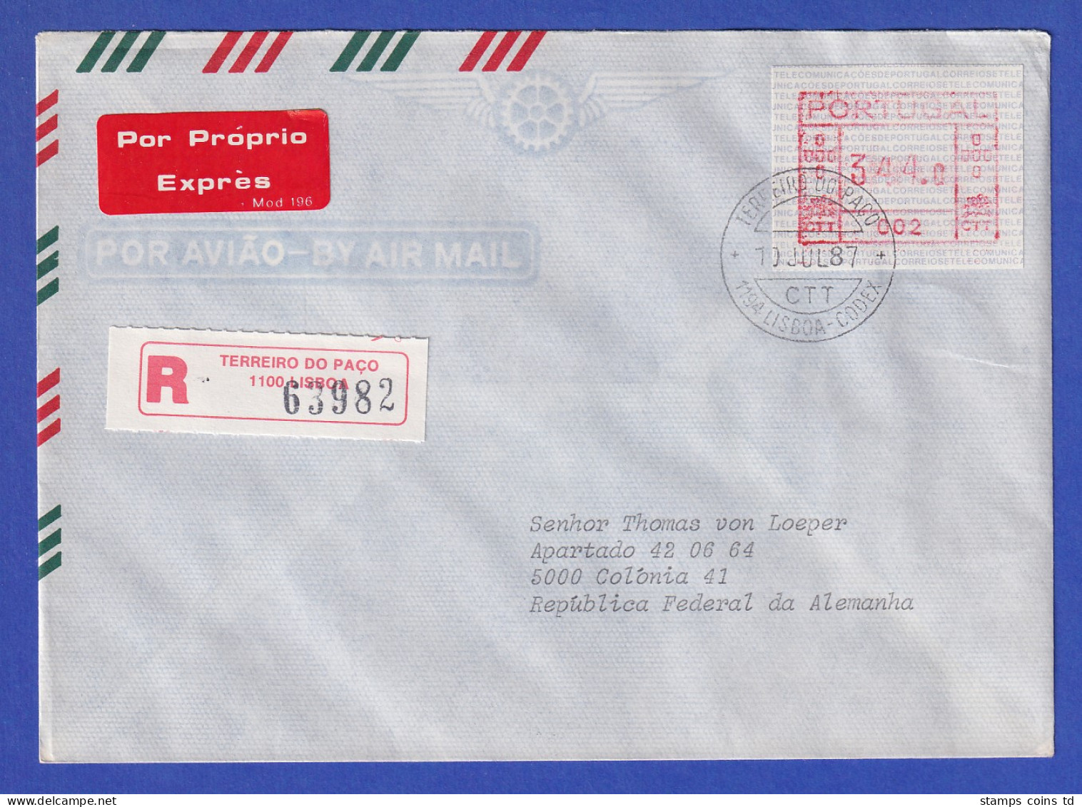 Portugal Frama-ATM Nr. 002 Wert 344,0 Auf R-Eil-Brief Vom Letzttag 10.7.1987 - Timbres De Distributeurs [ATM]