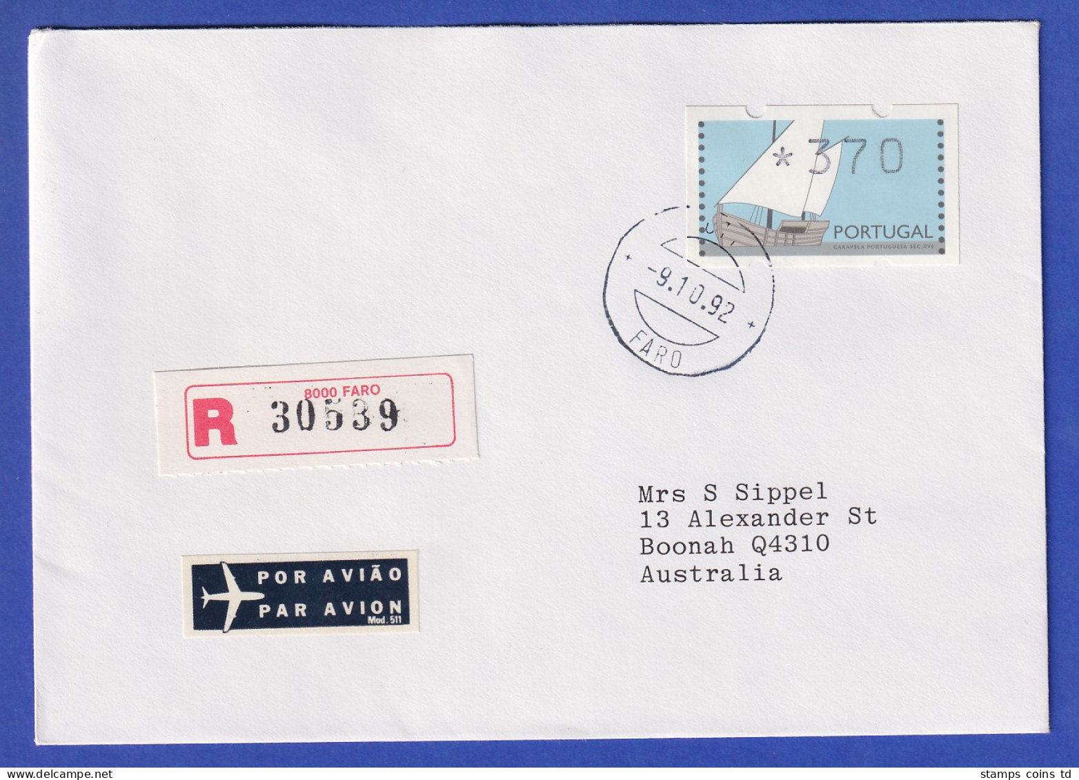 Portugal 1992 ATM Caravelle Wert 370 Auf R-FDC Nach Australien - Automaatzegels [ATM]