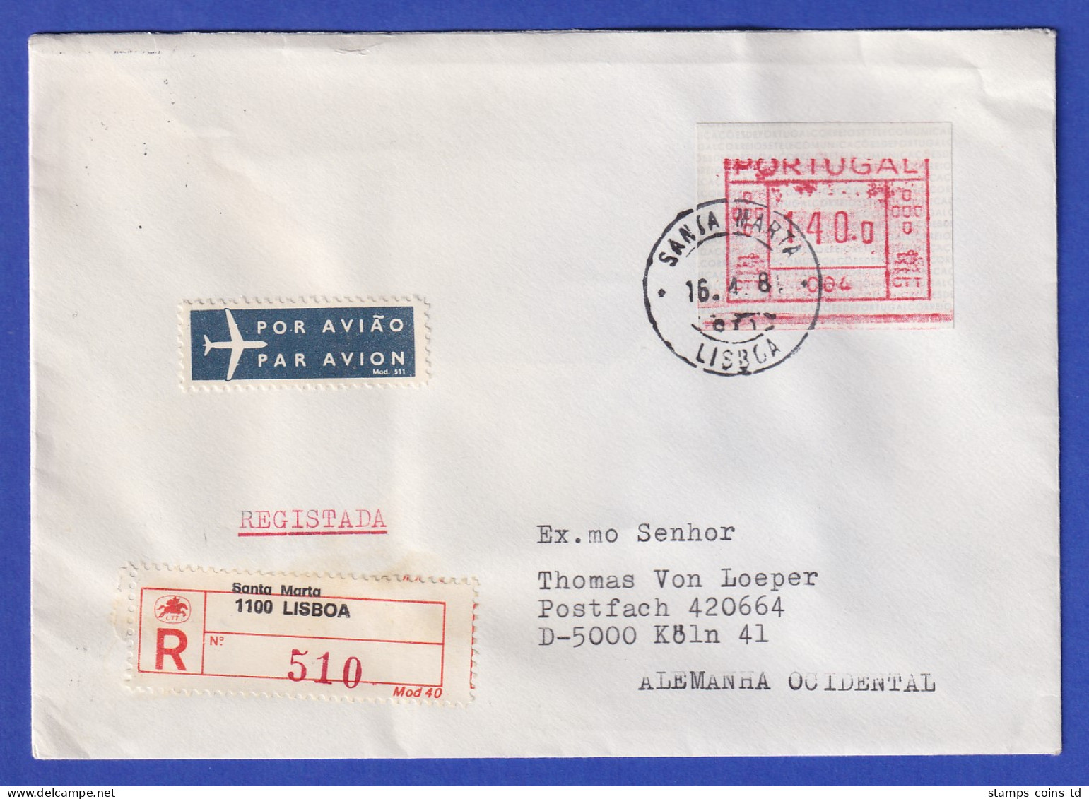 Portugal Frama-ATM 1981 Aut.-Nr. 004  R-Brief Mit ATM Vom OA, Orts-Stempel - Automatenmarken [ATM]