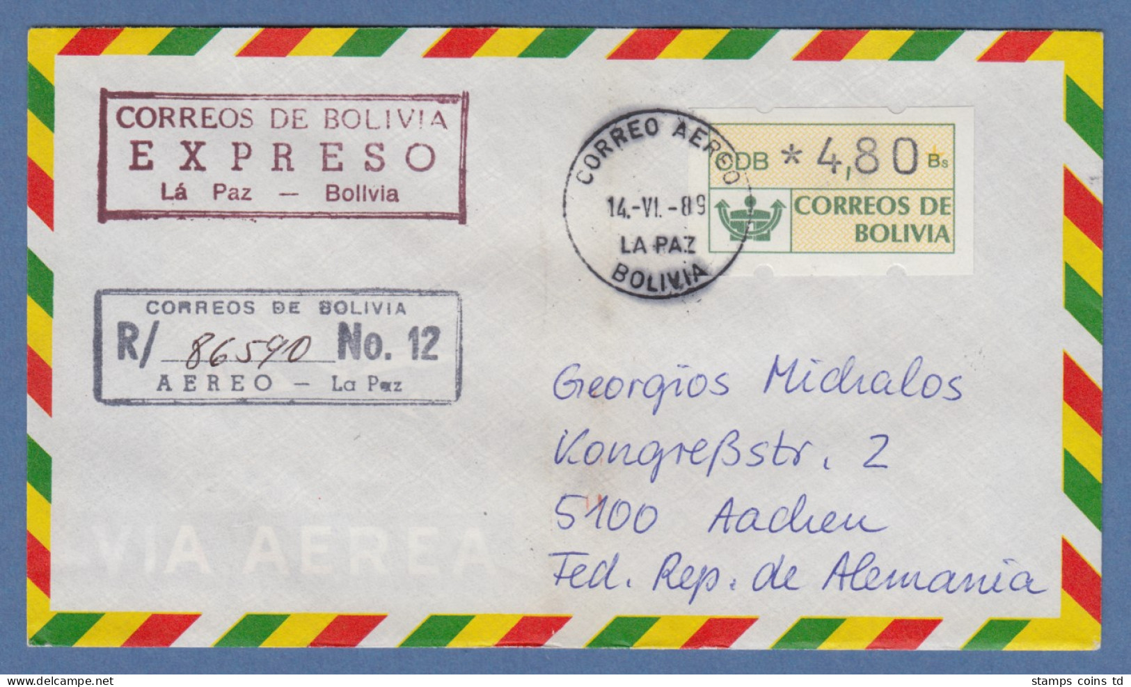 Bolivien / Bolivia ATM Wert 480 Auf Lp-R-E-Brief Nach D  Tages-O La Paz 14.6.89 - Bolivia