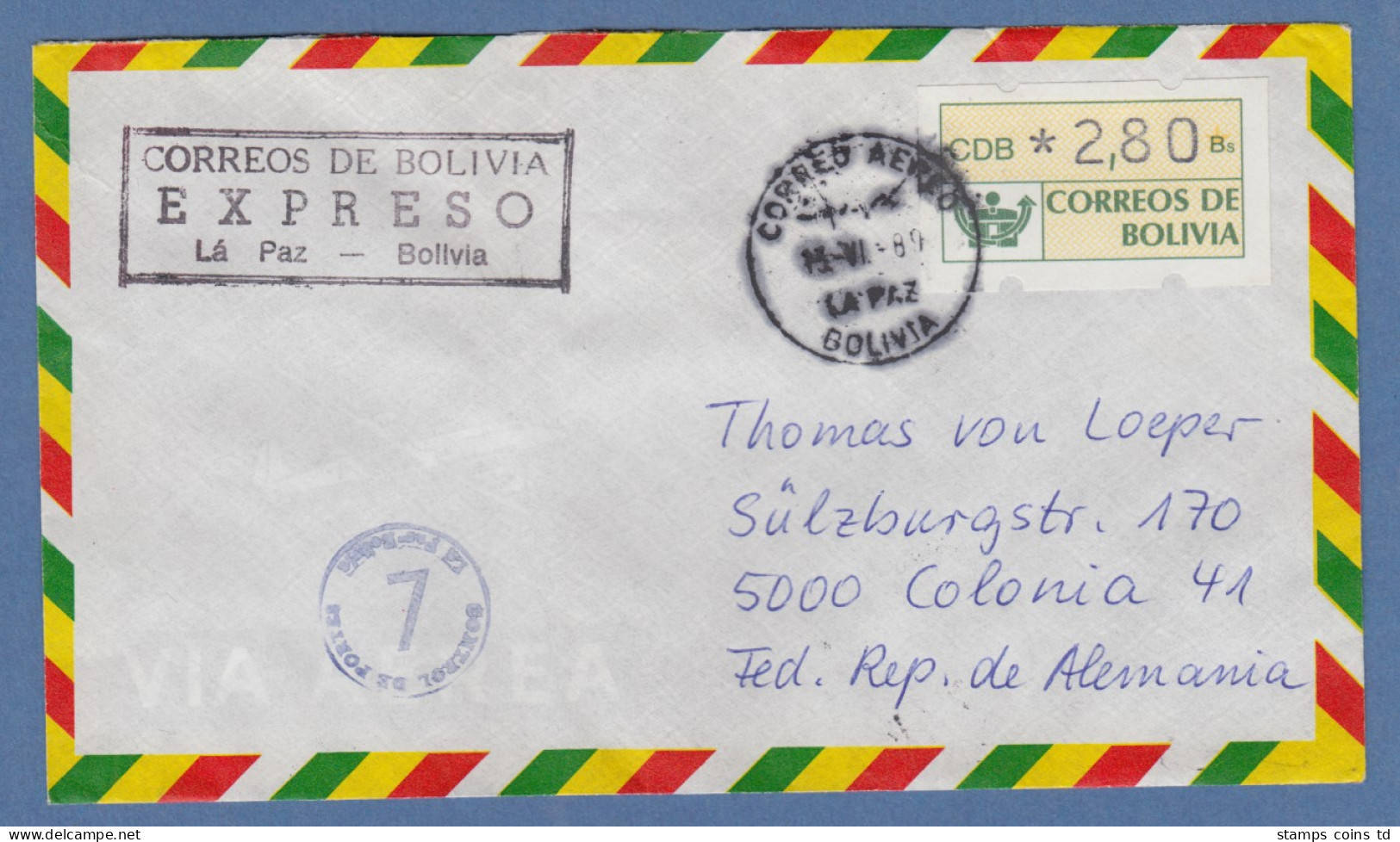 Bolivien / Bolivia ATM Wert 280 Auf Lp-E-Brief Nach D Mit Tages-O La Paz 15.6.89 - Bolivia