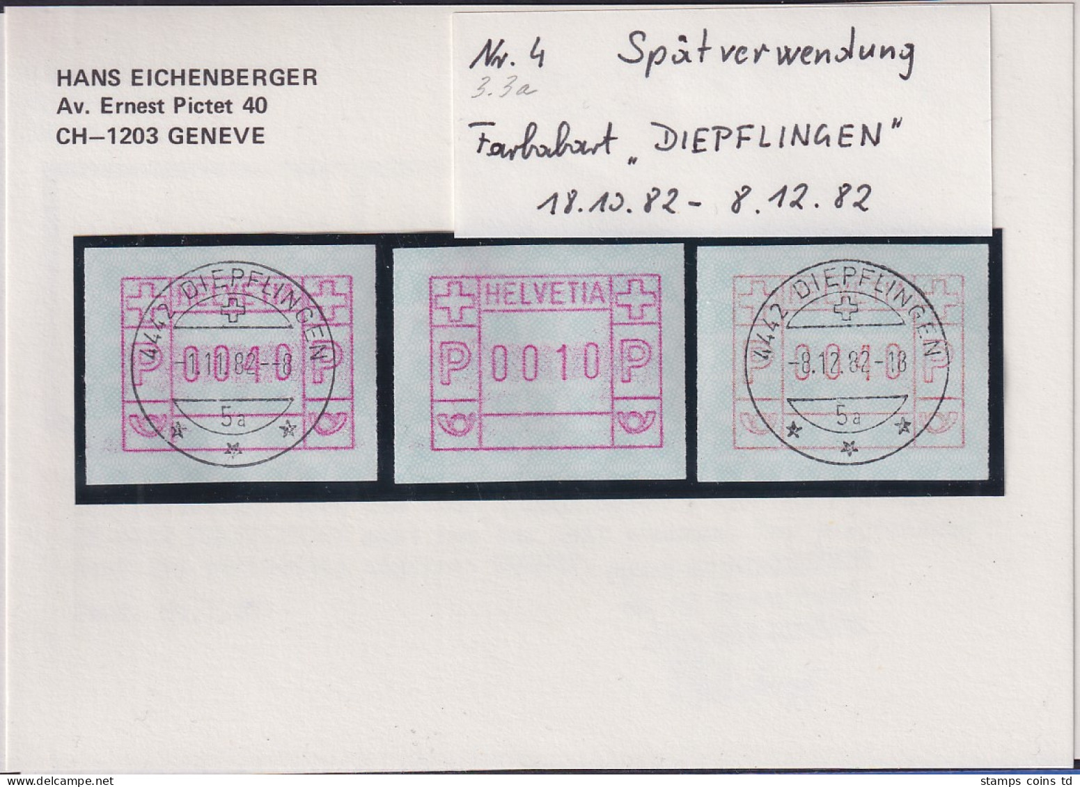 Schweiz FRAMA-ATM Mi-Nr. 3.3a Spätverwendung DIEPFLINGEN 18.10. Bis 8.12. 82  - Sellos De Distribuidores