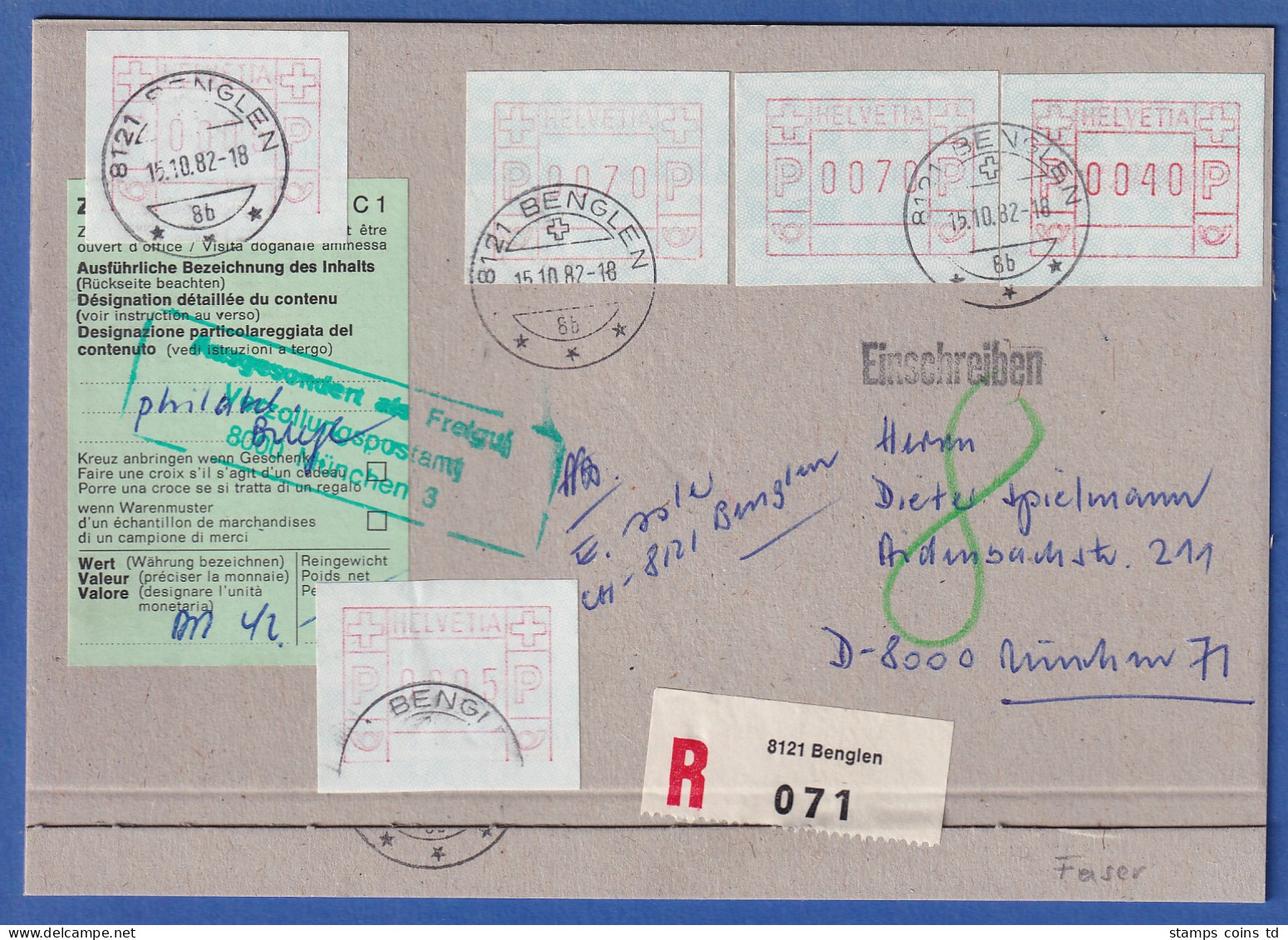 Schweiz FRAMA-ATM Mi-Nr. 3.1b Diverse Werte Auf Schwerem R-Brief Nach München - Automatenmarken