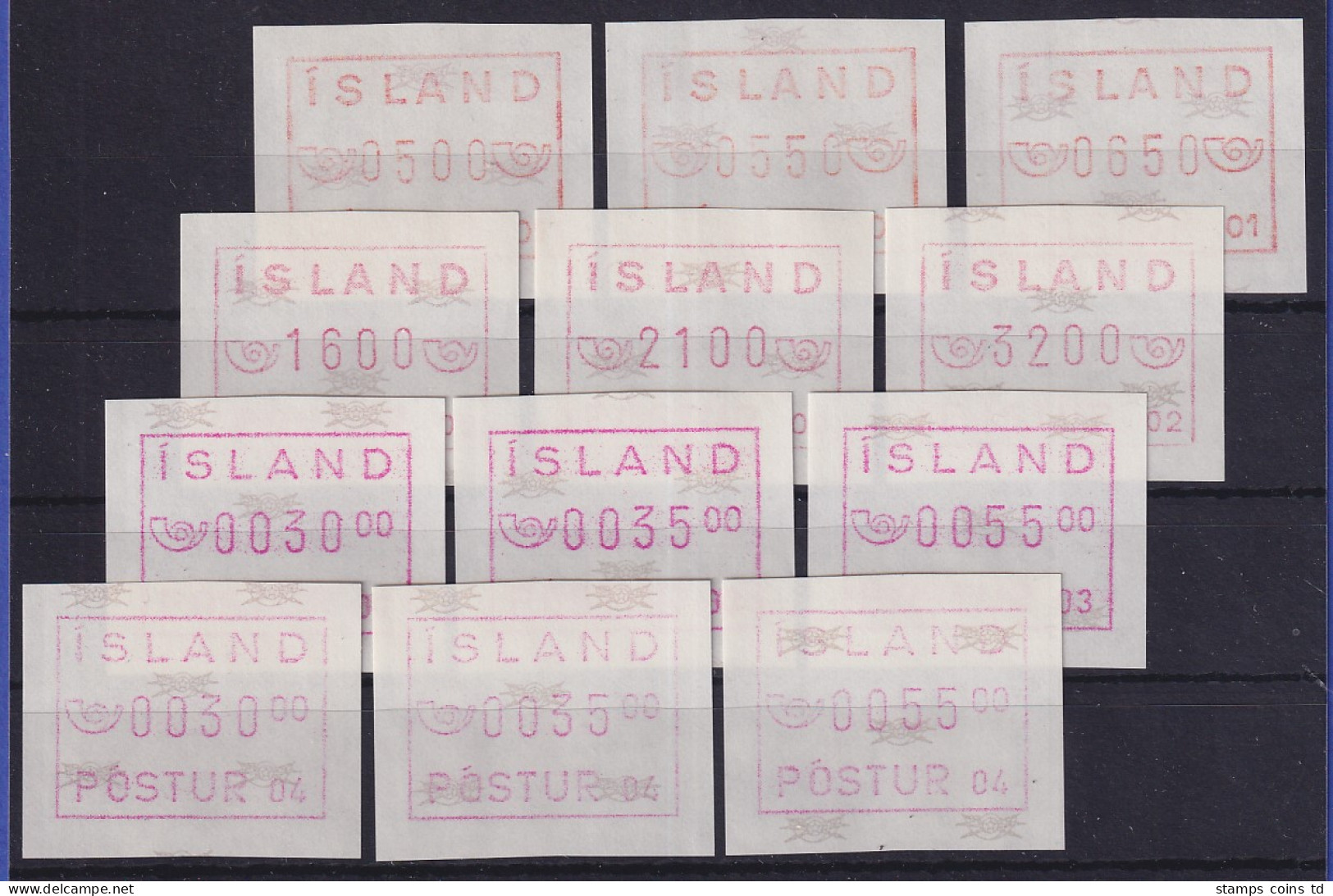 Kleine Sammlung Island-ATM Komplett, Je Ein Satz 3 Werte Von Den Aut.-Nr. 01-04  - Franking Labels