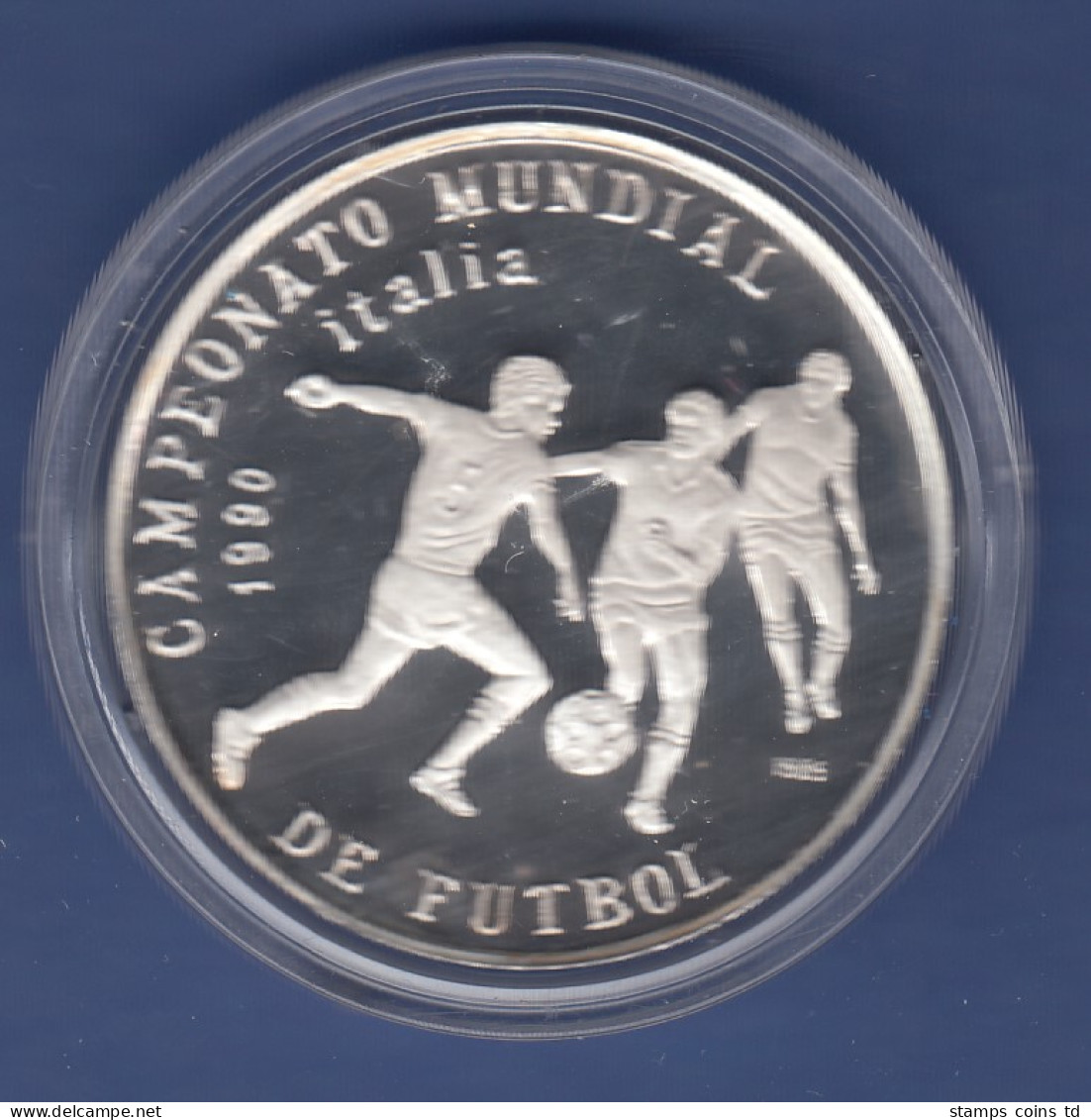 Kuba / Cuba Silbermünze 5 Pesos Fussball WM Italien 1990 3 Spieler Mit Ball - Autres – Amérique