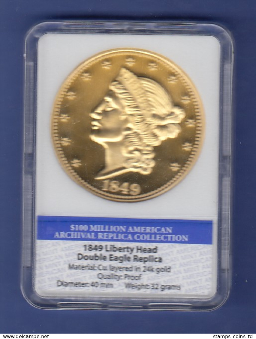 USA Replik / Replica 1849 Liberty Head PP-Prägung  Cu Vergoldet In Slab - Autres & Non Classés