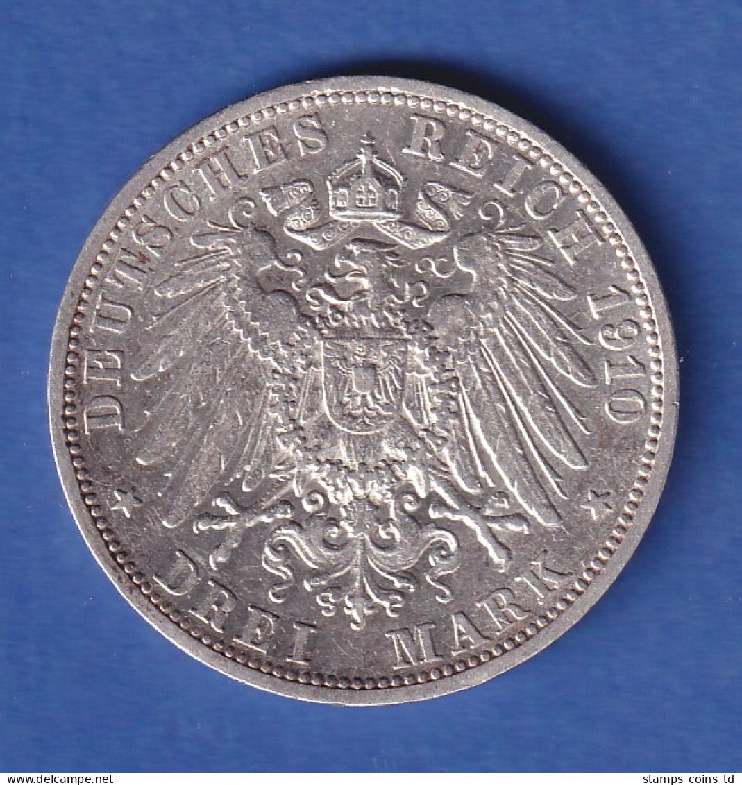 Dt. Kaiserreich Baden Silbermünze Großherzog Friedrich II. 3 Mark 1910 G - Sonstige & Ohne Zuordnung