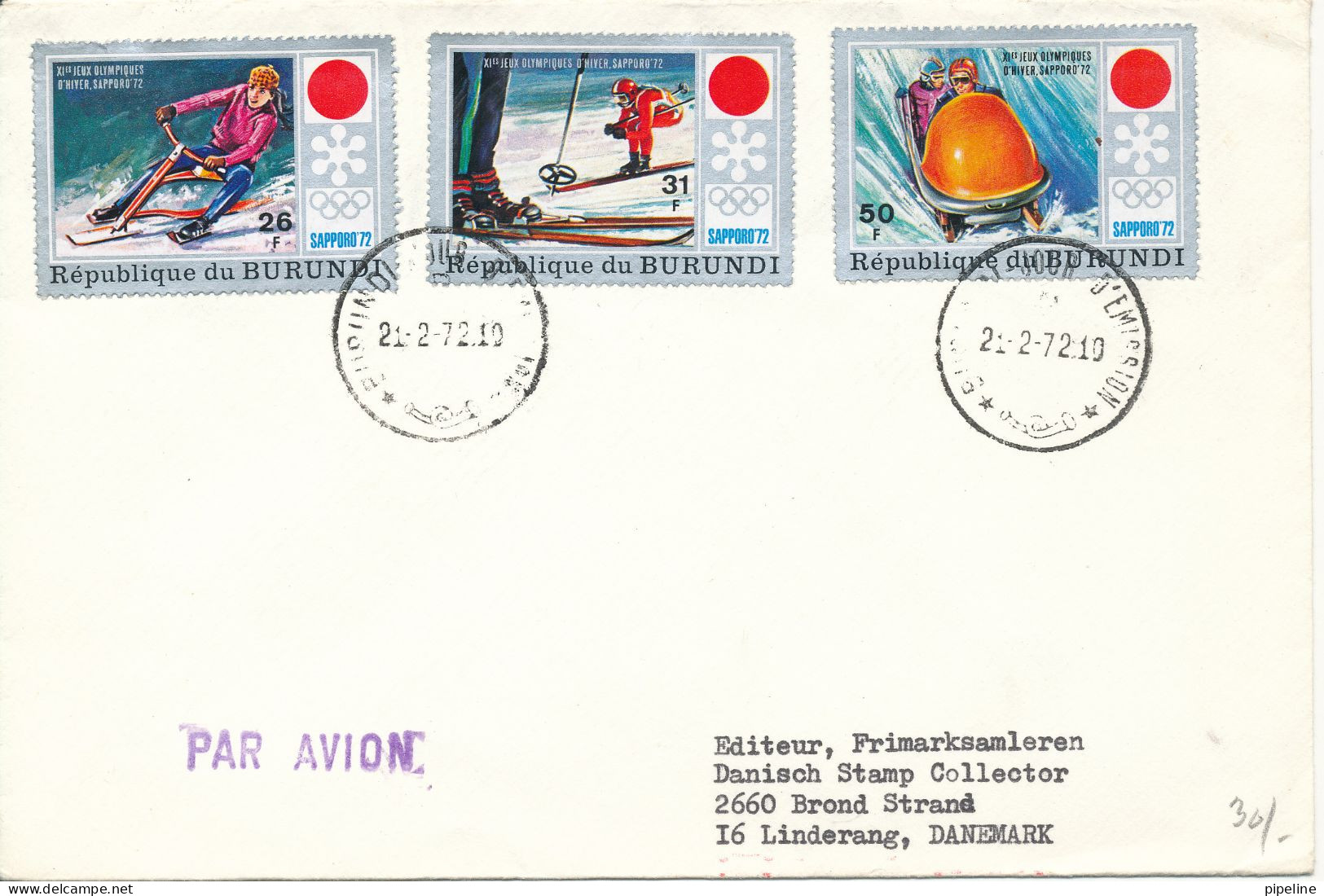 Burundi FDC 21-2-1972 Olympic Games Set Of 3 Sent To Denmark - FDC