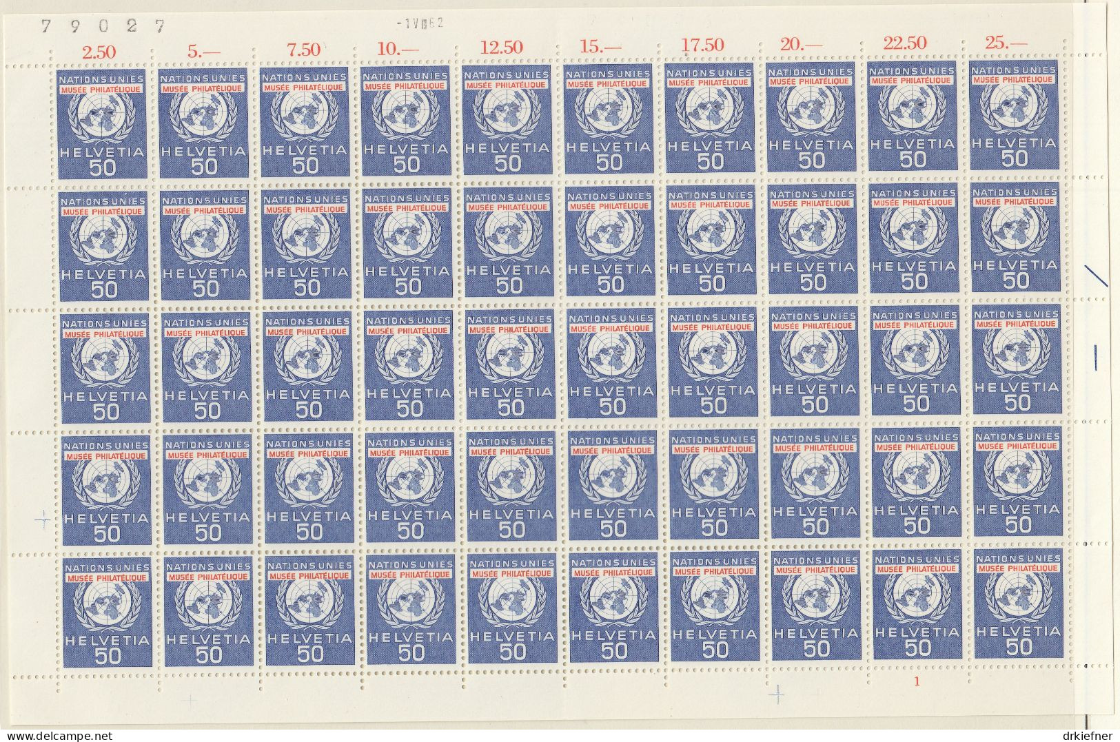 SCHWEIZ  Dienst, Int. Organisationen, ONO/UNO 36, Bogen 10x5, Postfrisch **, UNO Emblem, 1962 - Dienstzegels