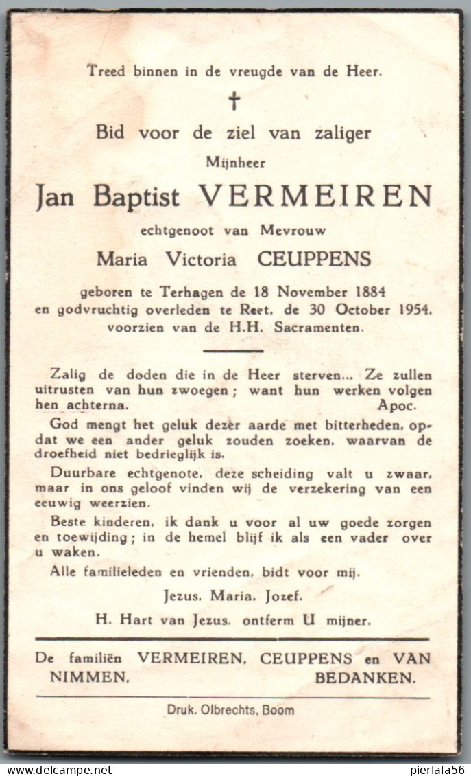 Bidprentje Terhagen - Vermeiren Jan Baptist (1884-1954) - Images Religieuses