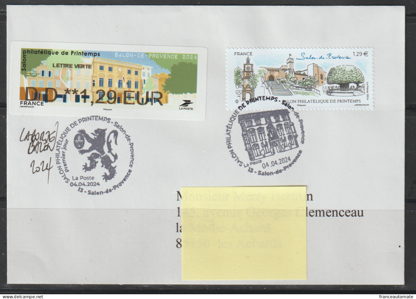 Atm, NABANCO, Pli FDC+20g Dédicacé, DD 1.29 + Timbre. Hotel De Ville, Salon De Provence, 4 Avril 24, Salon De Printemps. - 2010-... Illustrated Franking Labels