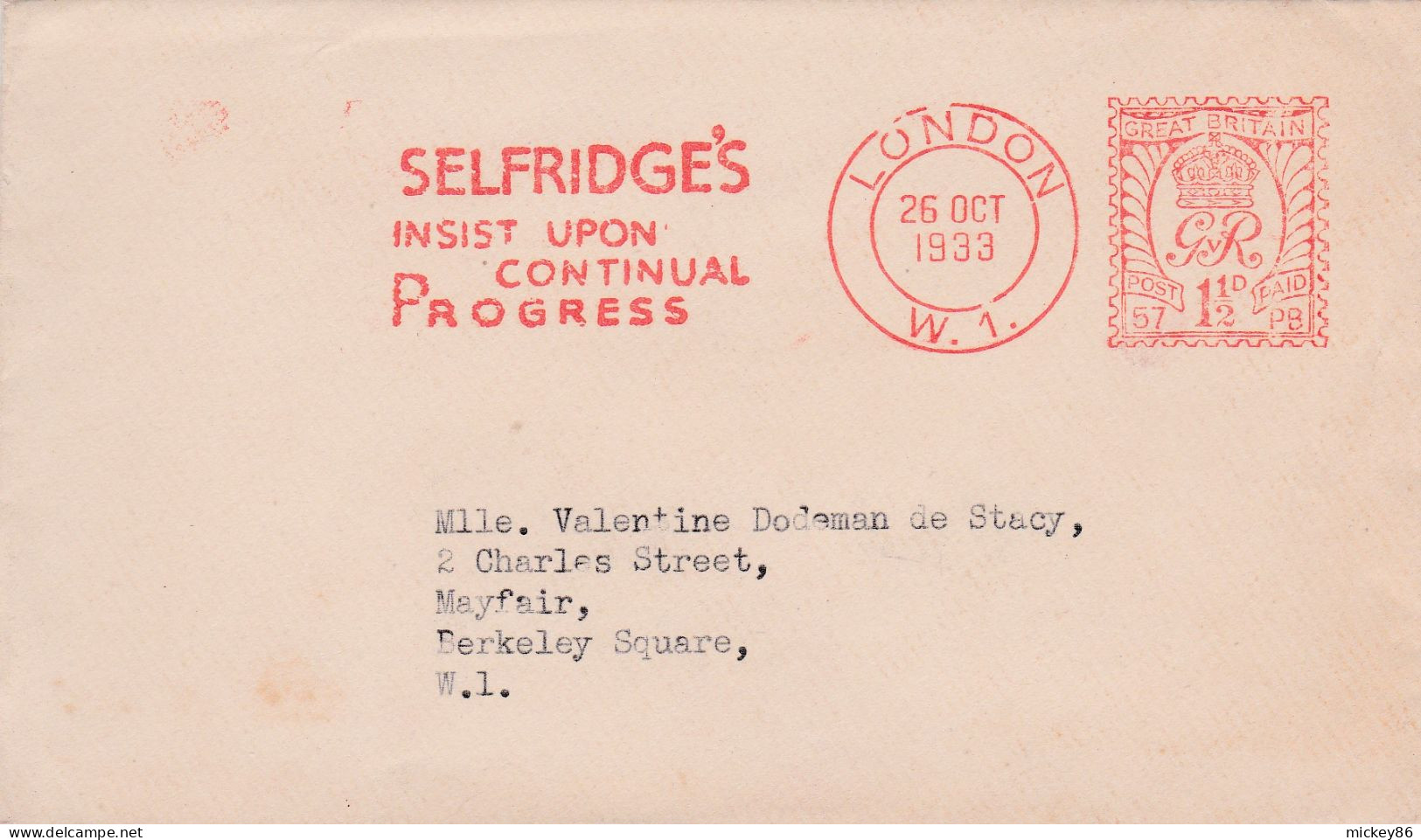 Grande-Bretagne-1933-lettre LONDON W.1-Belle Empreinte De Machine à Affranchir,cachet 26 OCT 1933-SELFRIDGES Insist Upon - Briefe U. Dokumente