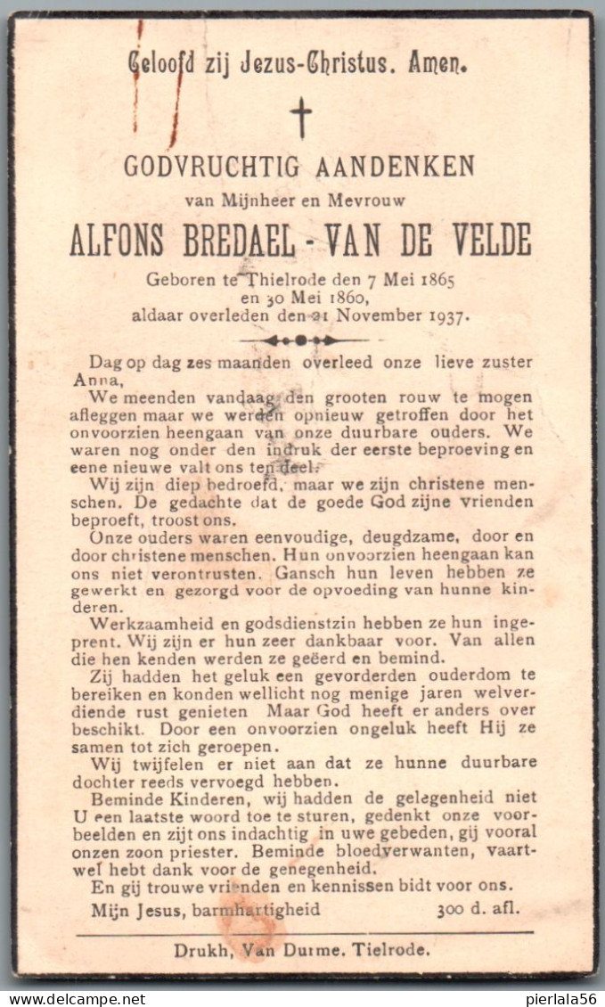 Bidprentje Tielrode - Bredael Alfons (1865-1937) + Echtgenote - Images Religieuses