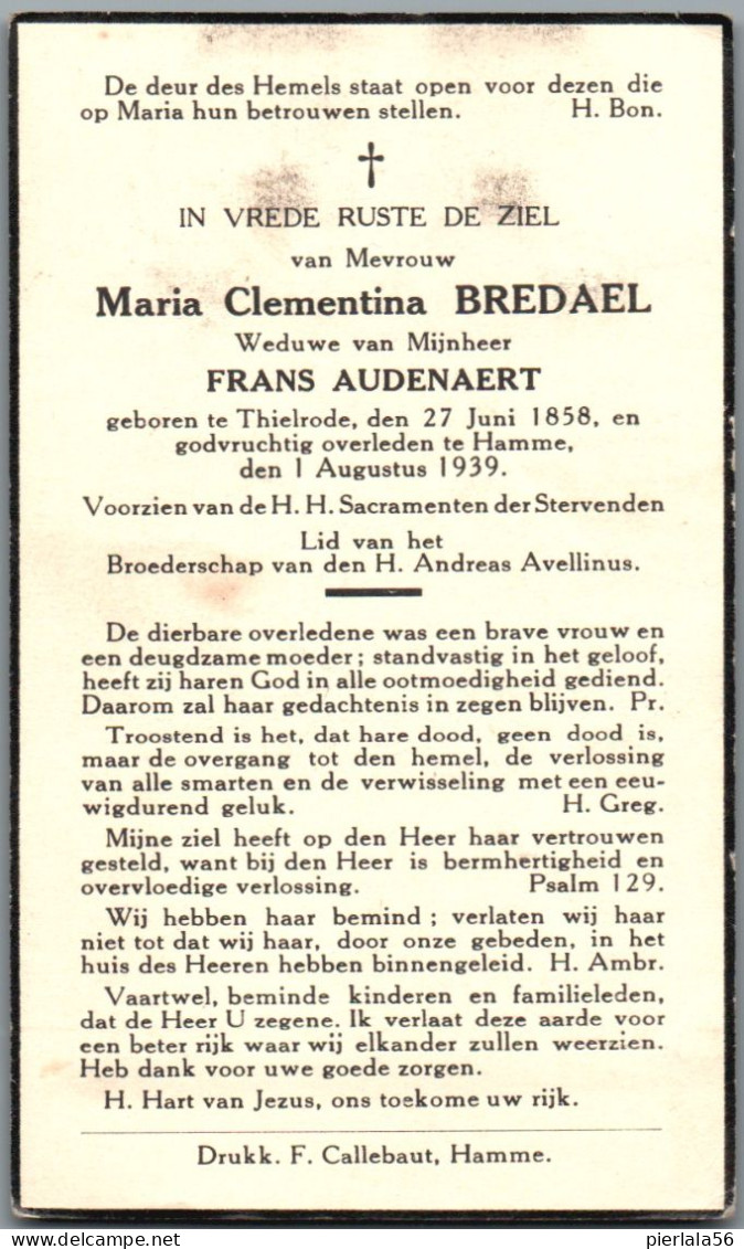 Bidprentje Tielrode - Bredael Maria Clementina (1858-1939) - Images Religieuses