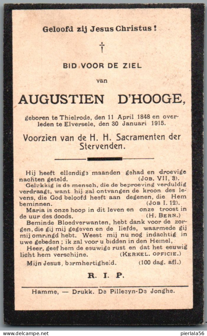 Bidprentje Tielrode - D'Hooge Augustien (1848-1915) - Images Religieuses