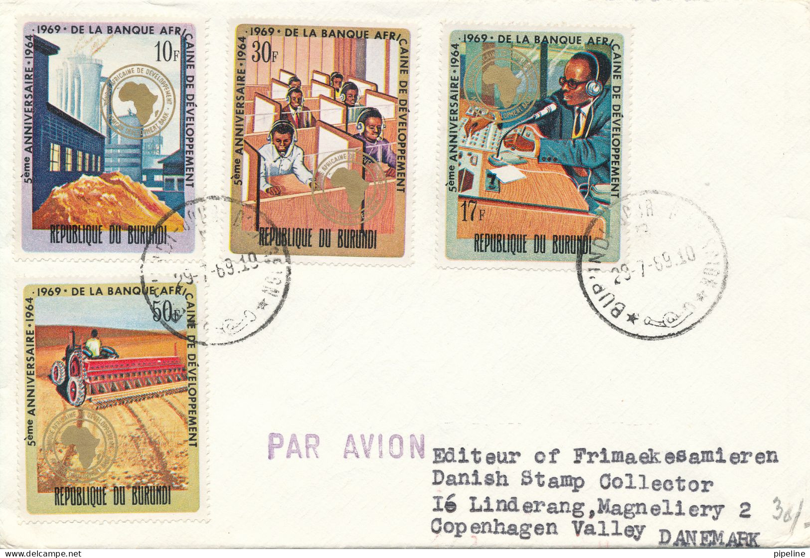 Burundi FDC 29-7-1969 African Development Bank 5th Anniversary Set Of 4 Sent To Denmark - FDC