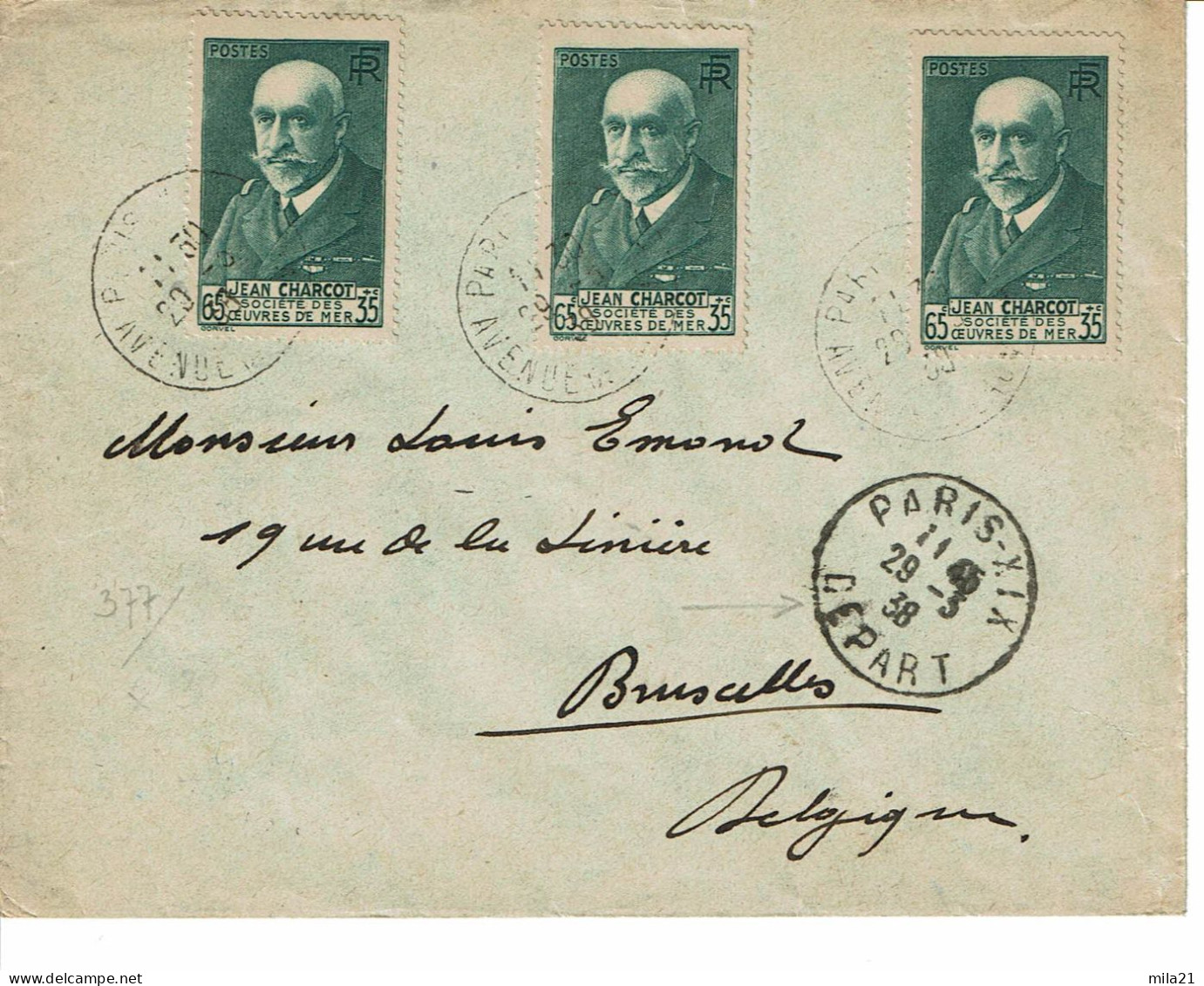 Timbres Françe  377 (3X) Sur  Lettre  Pour La Belgique - Cartas & Documentos