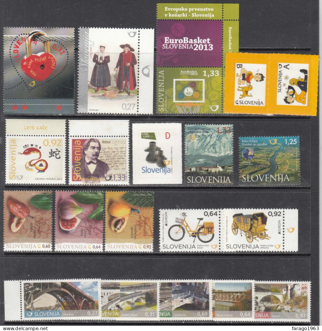 2013 Slovenia Collection Of 20 Different Stamps FV€14.47 MNH - Slovenië