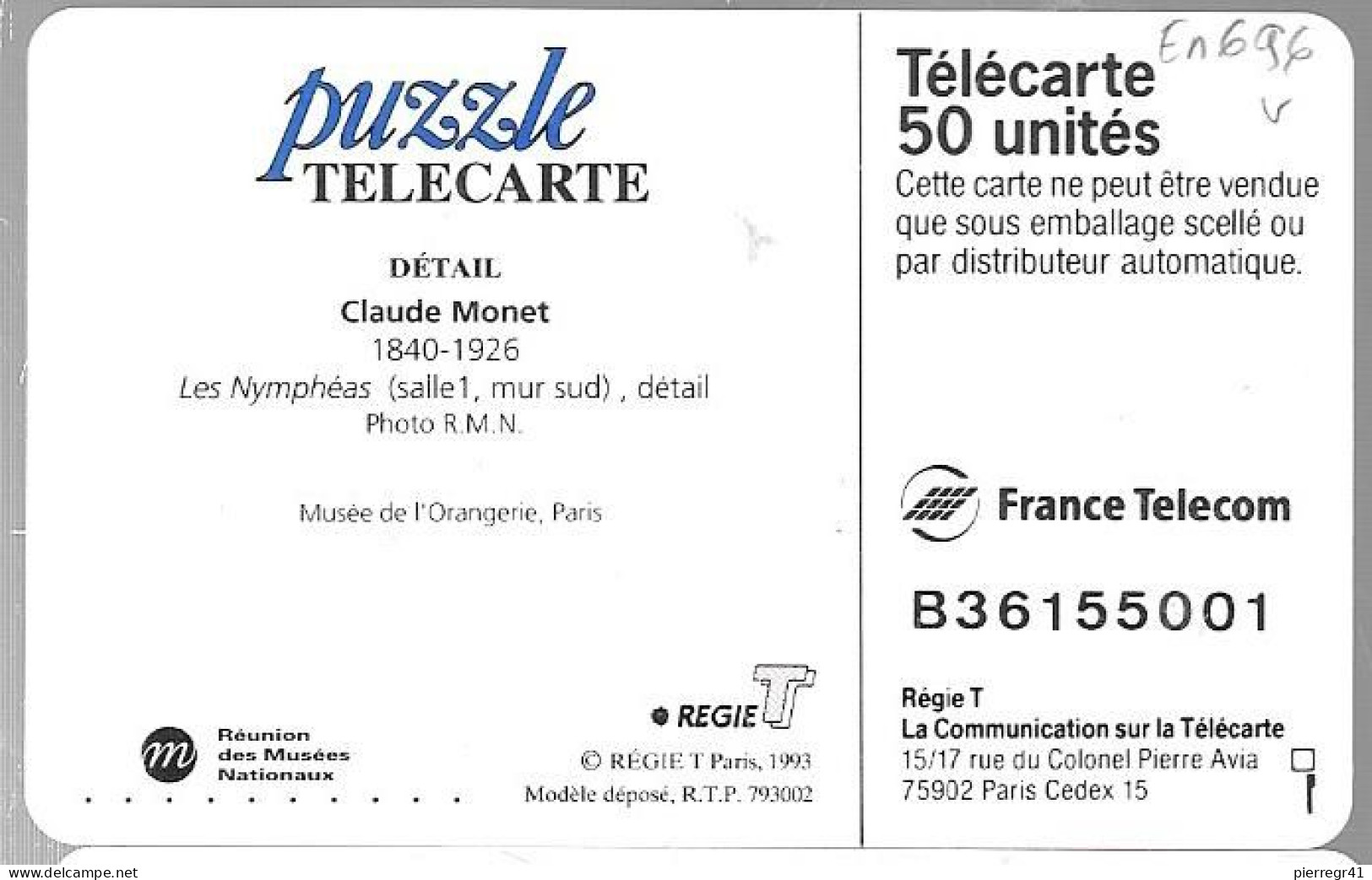 CARTE-PUCE-PRIVEE-PUBLIC-50U-EN696-GemA-08/93-NIVEA-NYMPHEAS De MONET-V°B36155001-UTILISE-TBE-/LUXE - 50 Units