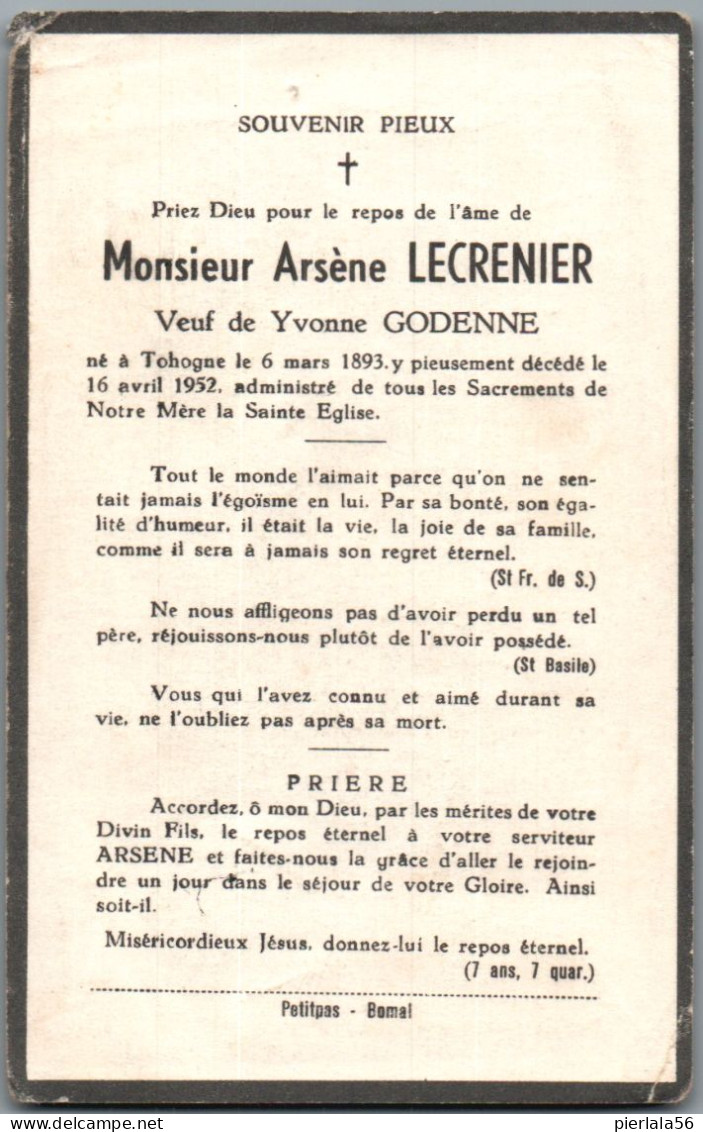 Bidprentje Tohogne - Lecrenier Arsène (1893-1952) - Images Religieuses