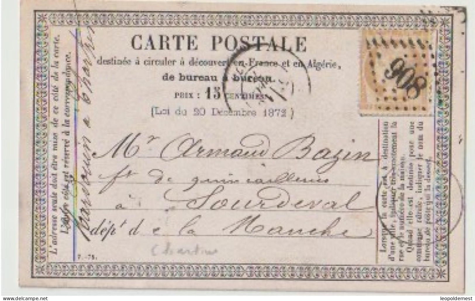 CARTE PRECURSEUR CERES 15ct.  GROS CHIFFRES - 1870 Bordeaux Printing