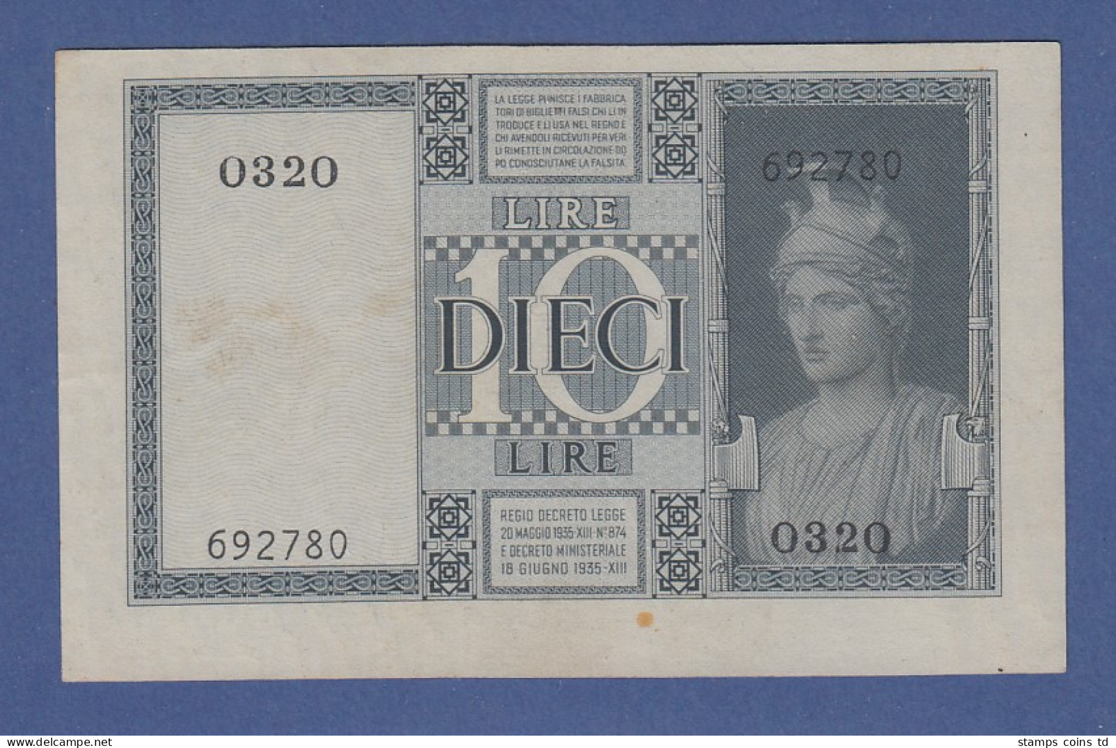 Banknote Italien 10 Lire 1938.  Selten ! - Other & Unclassified