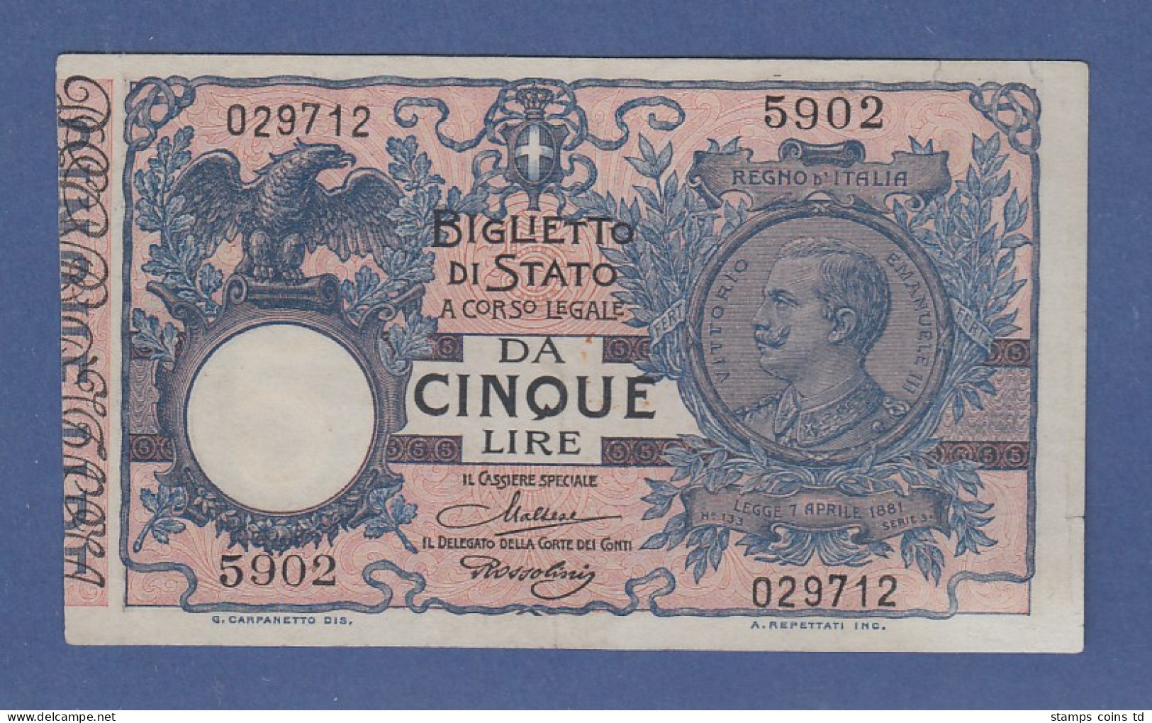 Banknote Italien Vitorio Emanuele III. 5 Lire 1904 - Sonstige & Ohne Zuordnung