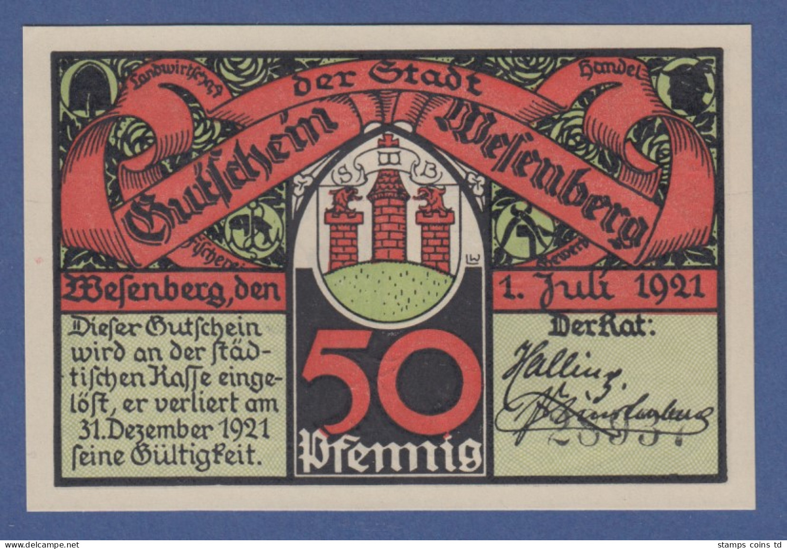 Banknote Notgeld Stadt Wesenburg 50 Pfennig 1921 - [11] Local Banknote Issues