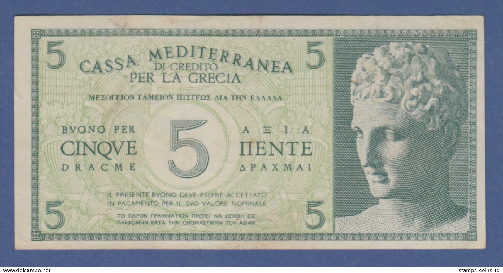 Banknote Italien 1941 Cassa Mediterranea Di Credito Per La Grecia Zu 5 Dracme - Andere & Zonder Classificatie