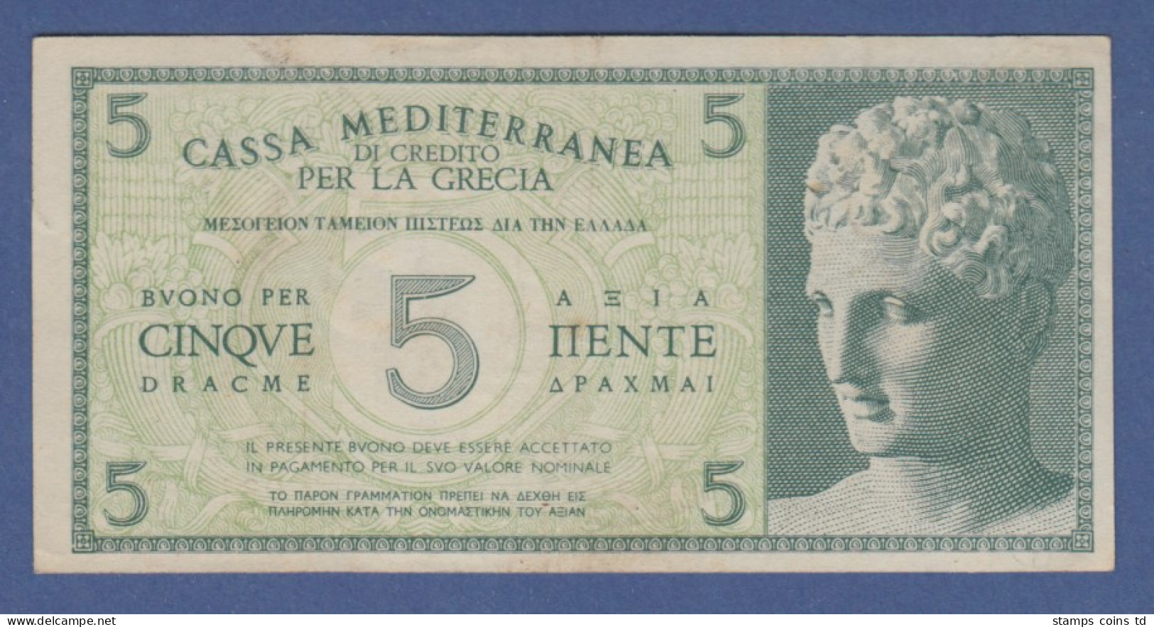Banknote Italien 1941 Cassa Mediterranea Di Credito Per La Grecia Zu 5 Dracme - Other & Unclassified